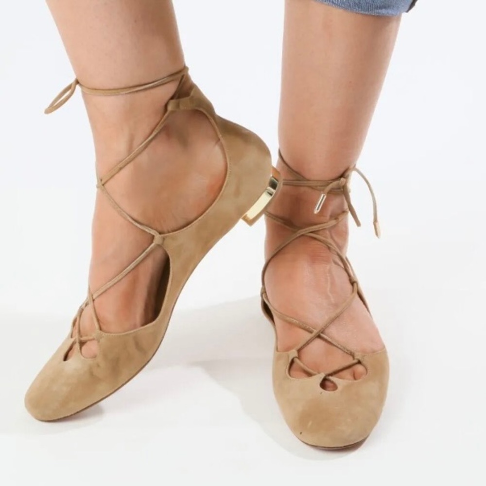 Aquazzura ‘Dancer’ Tan Suede Lace Up Flats
